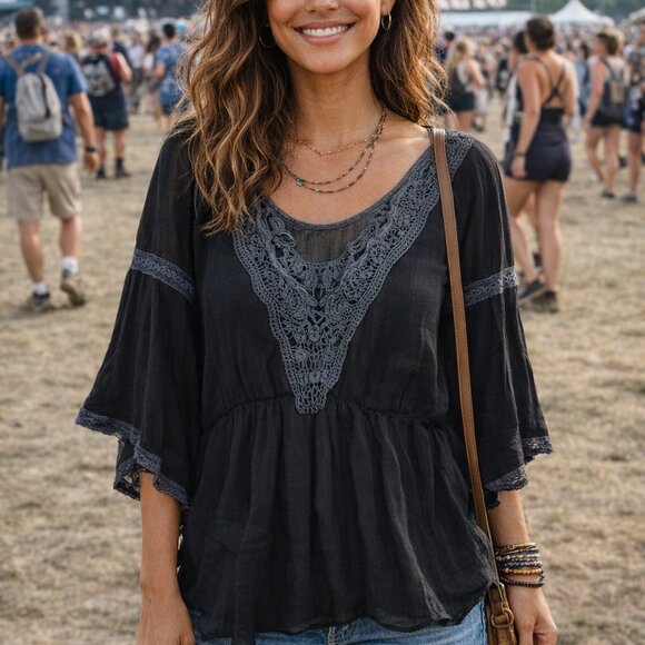 Free People Tops - Free People Black Grey Lace Trim Bohemian Women's Blouse Size L